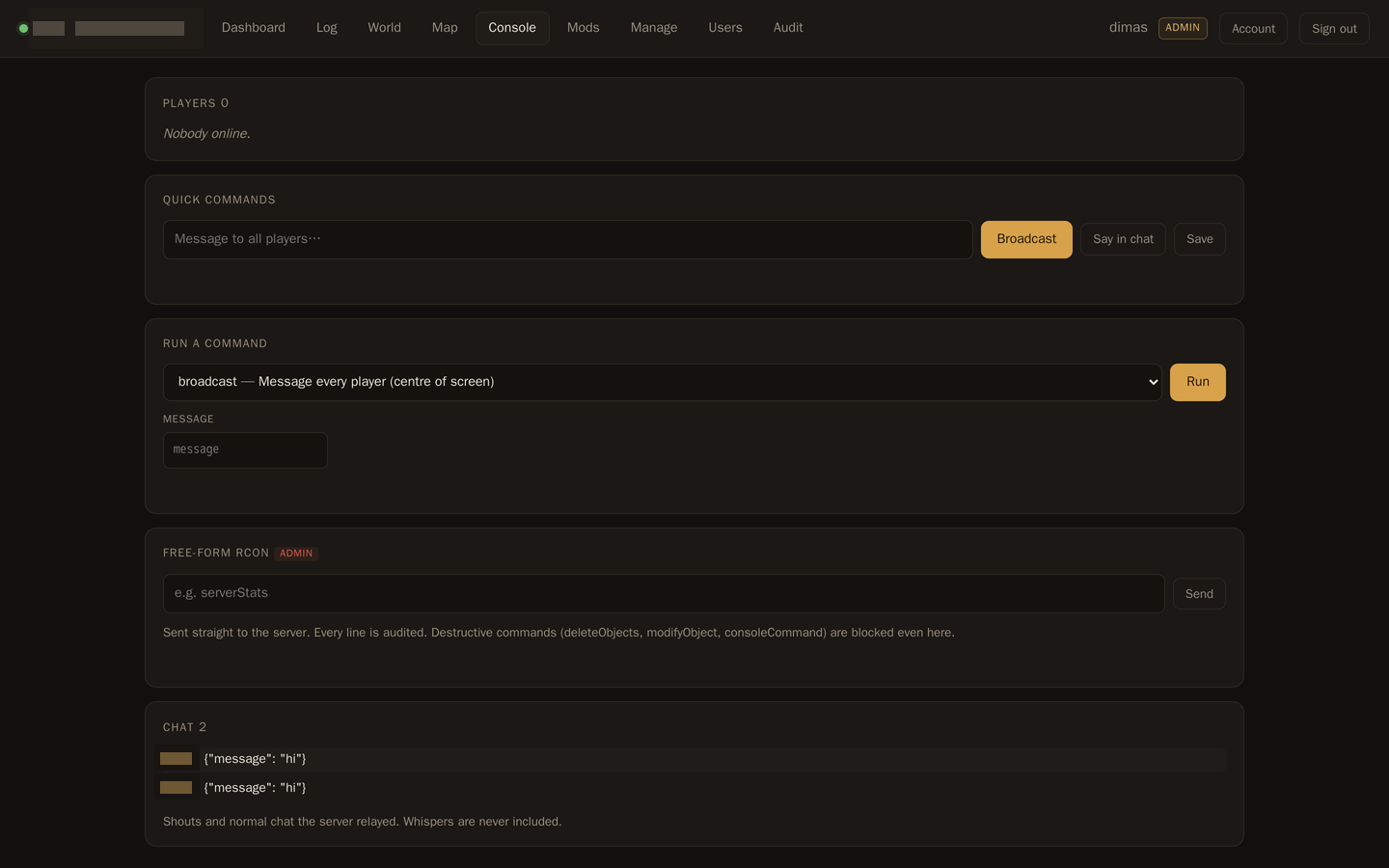 Command console with a quick-command row, a command catalog, and a free-form RCON box