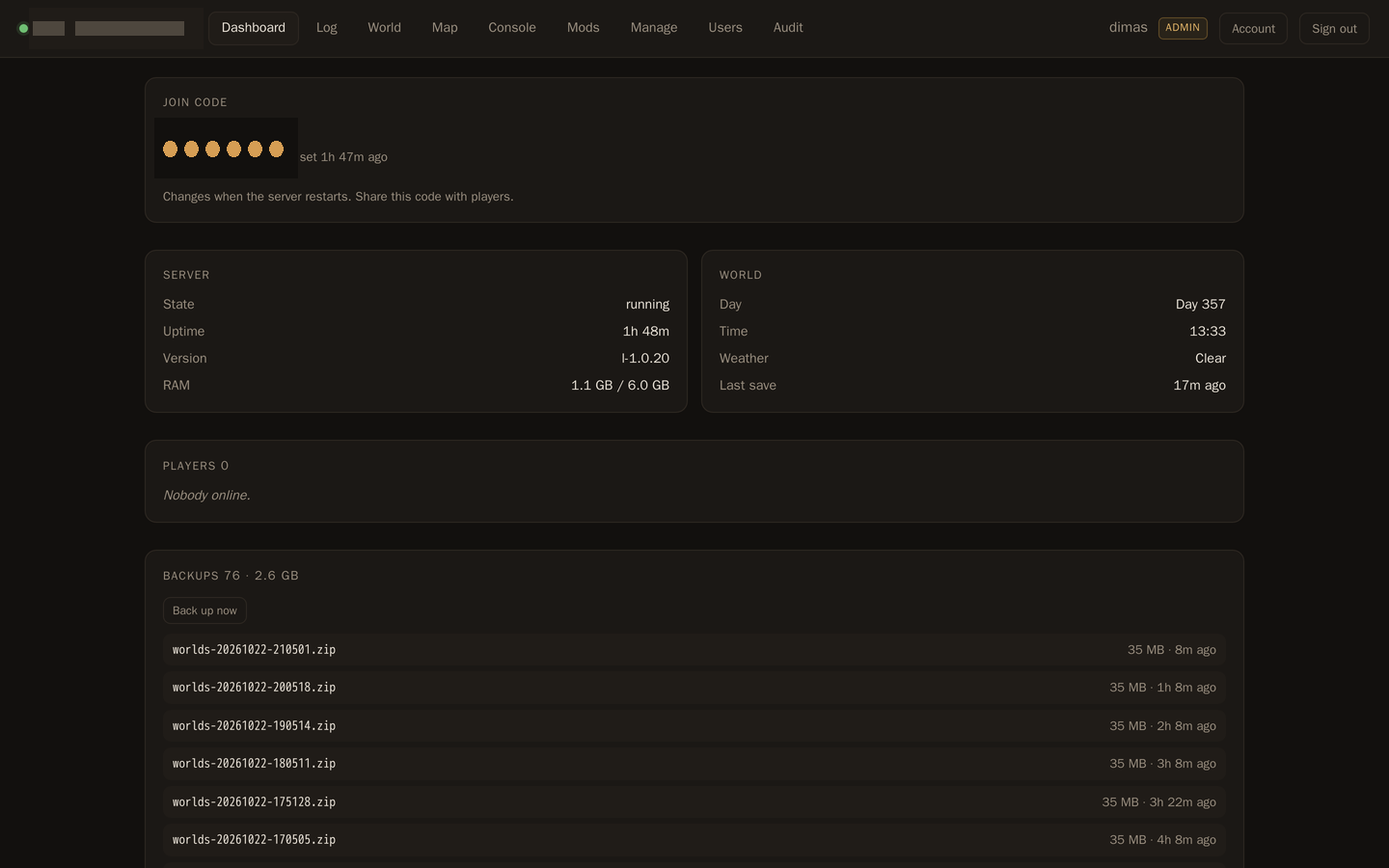 Panel dashboard: join code, server state, world day, players, and backups