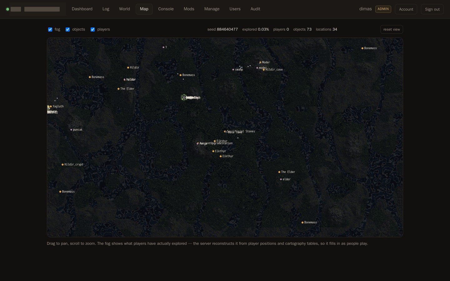 Zoomed world map with biomes, boss altars, portals and fog of war
