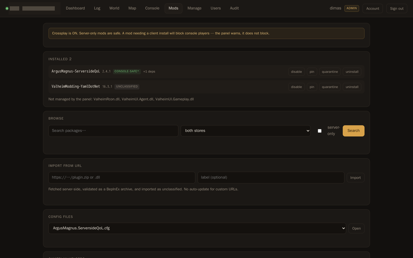 Mod manager showing installed packages, a crossplay warning banner, and a merged store search