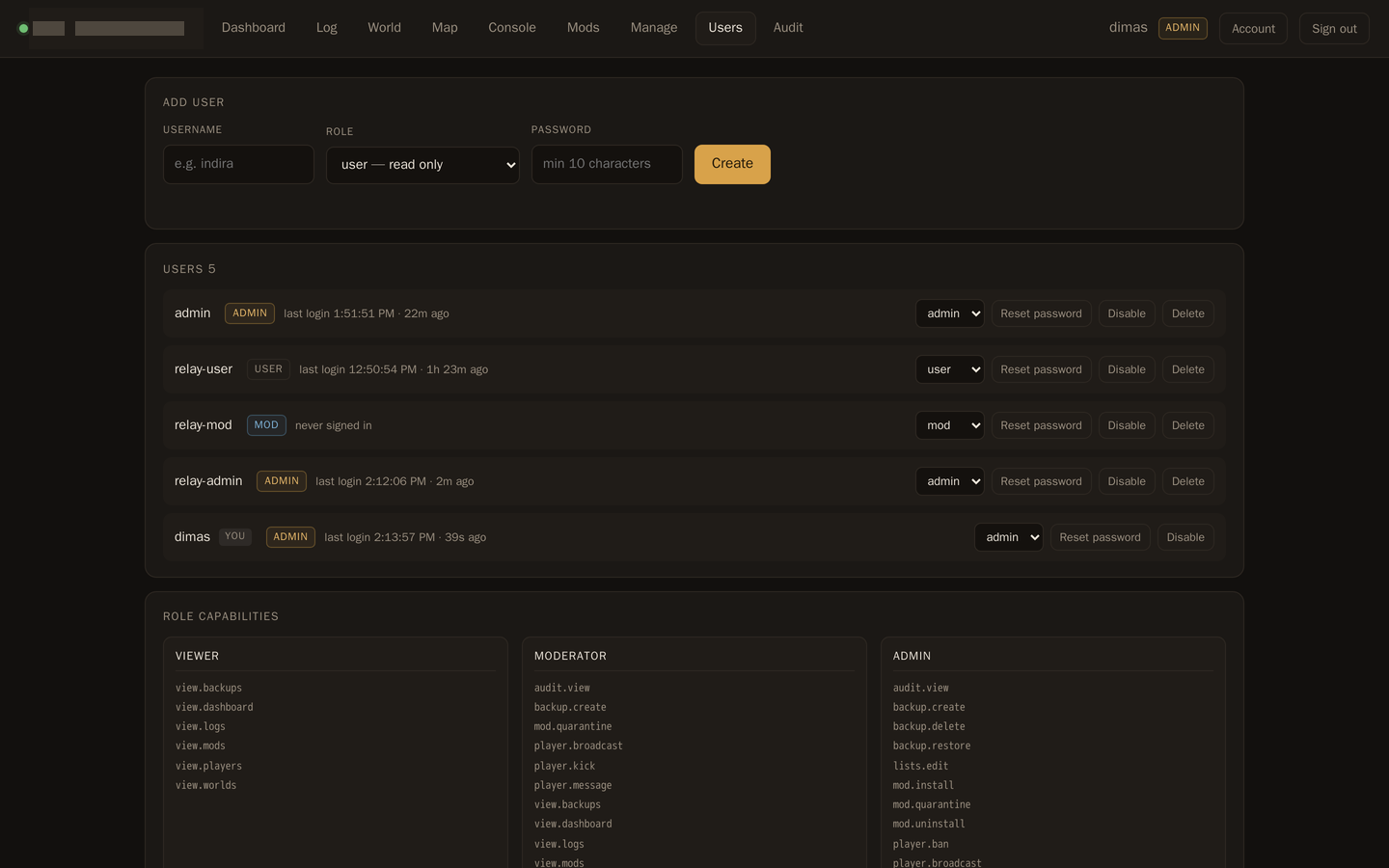 Users and roles screen listing accounts and the capability grid for viewer, moderator and admin