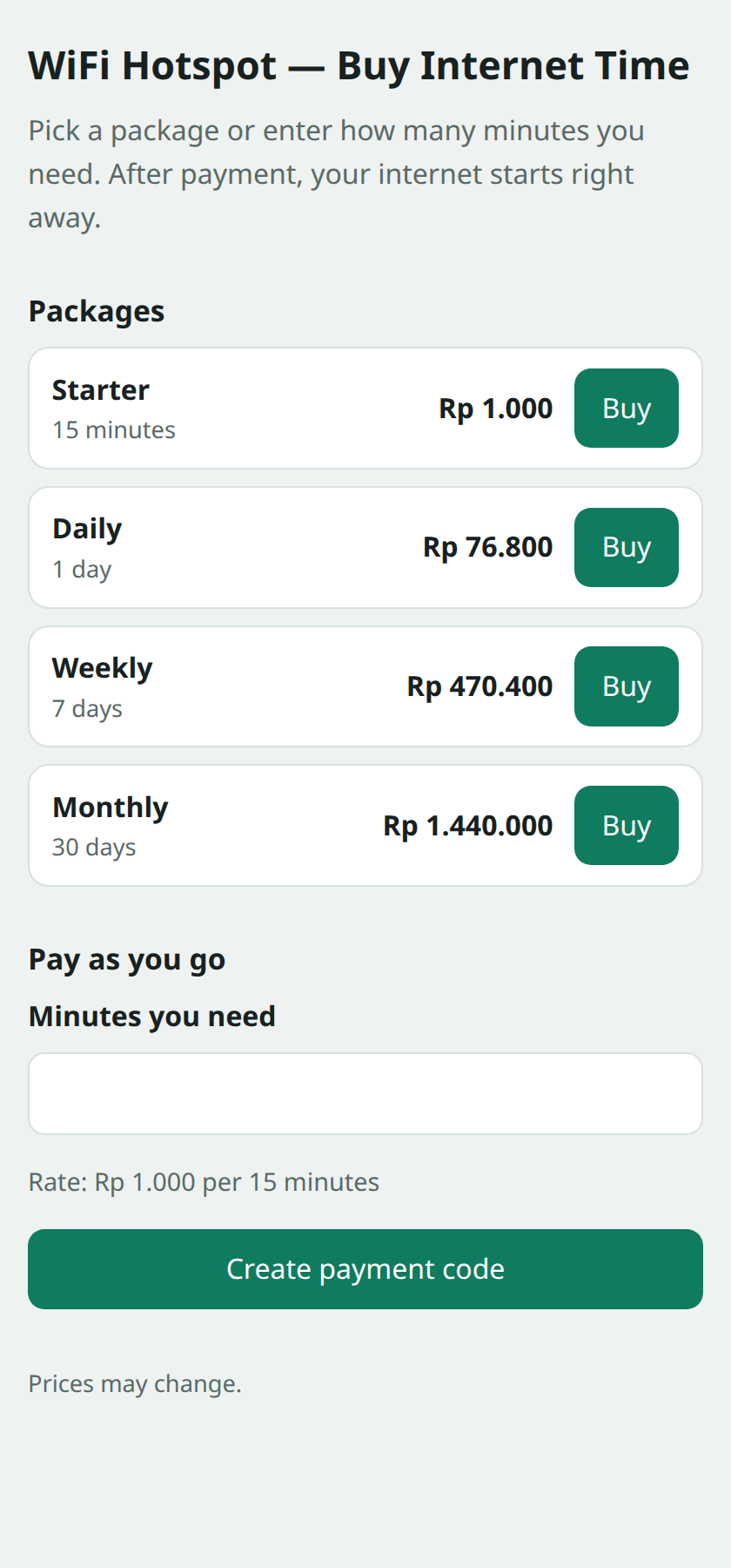 Portal pelanggan: daftar paket